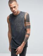 Asos Longline Sleeveless T-shirt With Dropped Armhole In Black With Acid Wash - Black