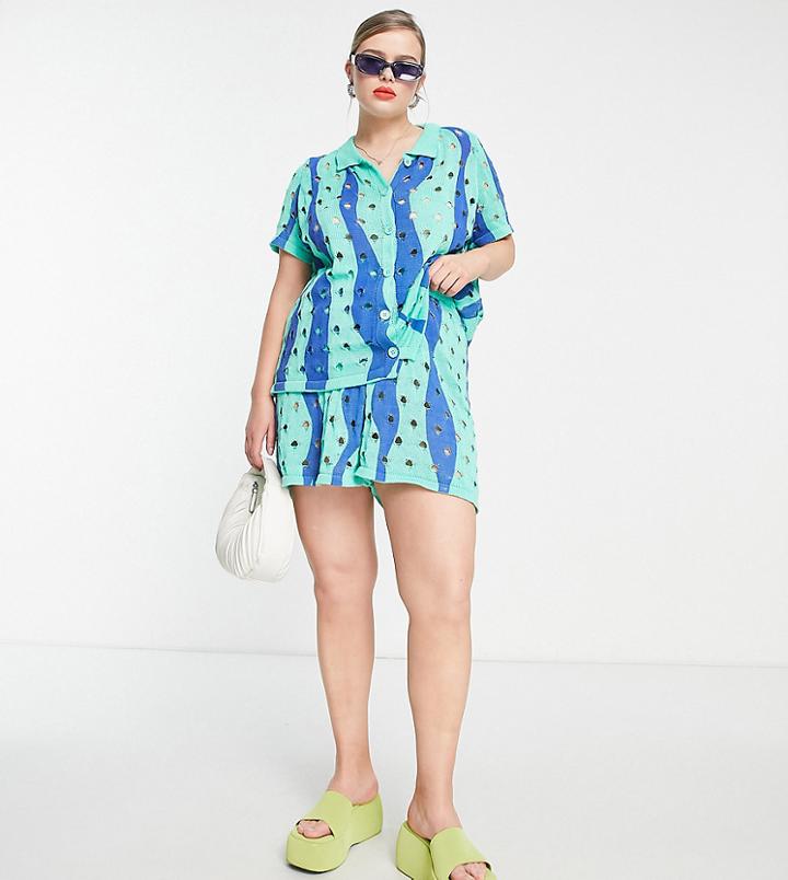 Daisy Street Plus Distressed Knit Boxy Shirt In Blue Green Wavy - Part Of A Set