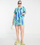 Daisy Street Plus Distressed Knit Boxy Shirt In Blue Green Wavy - Part Of A Set