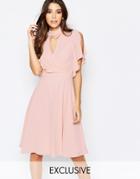 Elise Ryan Cross Front Midi Dress With Fluted Sleeve - Nude Pink
