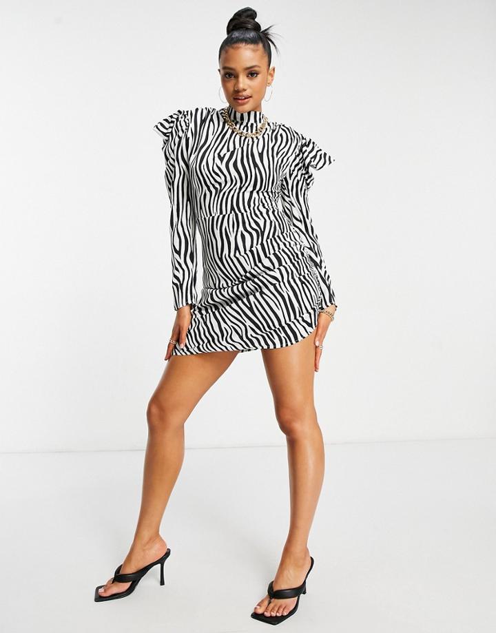 Public Desire High Neck Satin Asymmetric Dress In Zebra-multi