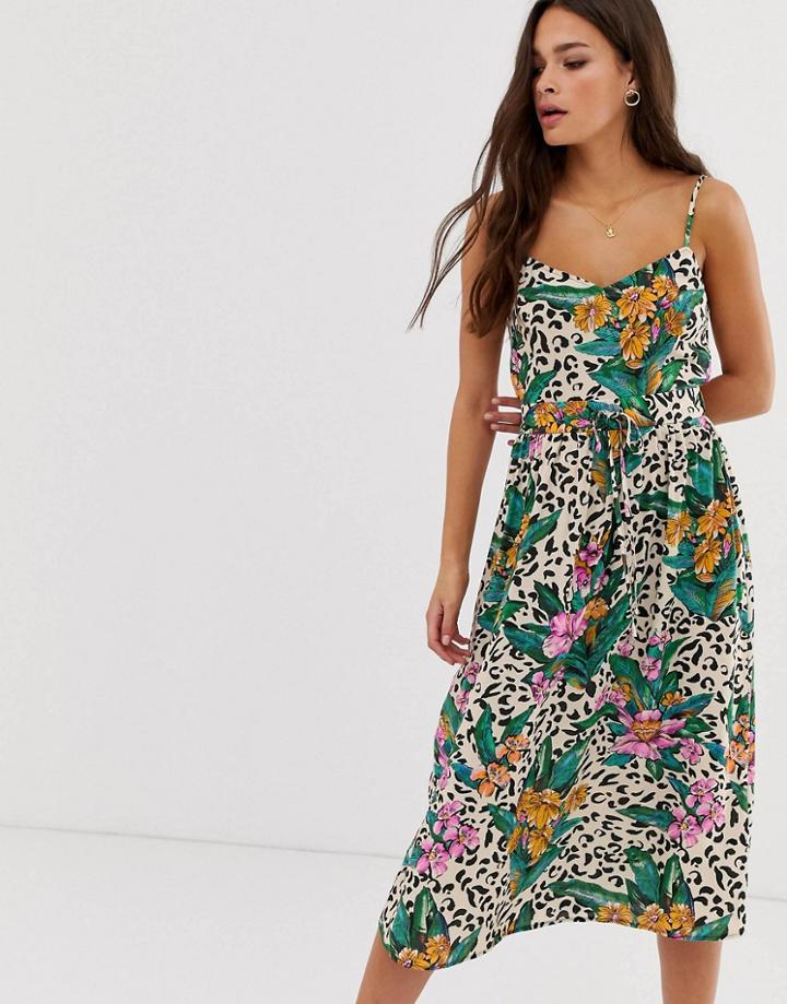 Asos Design Open Back Midi Sundress With Tie Waist In Animal Tropical Print - Multi