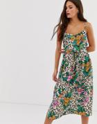 Asos Design Open Back Midi Sundress With Tie Waist In Animal Tropical Print - Multi