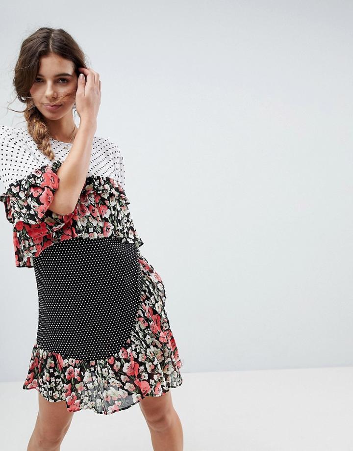 Asos Mixed Print Ruffle Mini Smock Dress - Multi
