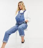 River Island Maternity Denim Overalls In Mid Auth Blue-blues