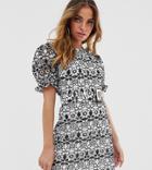 Asos Design Petite Premium Contrast Lace Mini Dress With Puff Sleeves And Belt - Multi