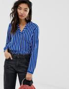 Esprit V-neck Blouse In Stripe Blue And White - Blue