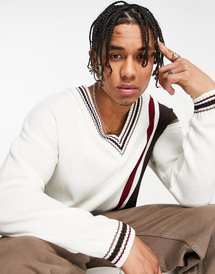 Asos Design Knitted Cricket Sweater In Off White