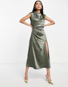 Pretty Lavish High Neck Satin Midi Dress In Petrol-gray