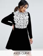 Asos Curve Contrast Lace And Velvet Flippy A Line Dress - Black