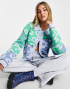 Asos Design Cardigan With Collar In Mixed Floral And Check Pattern In Blue