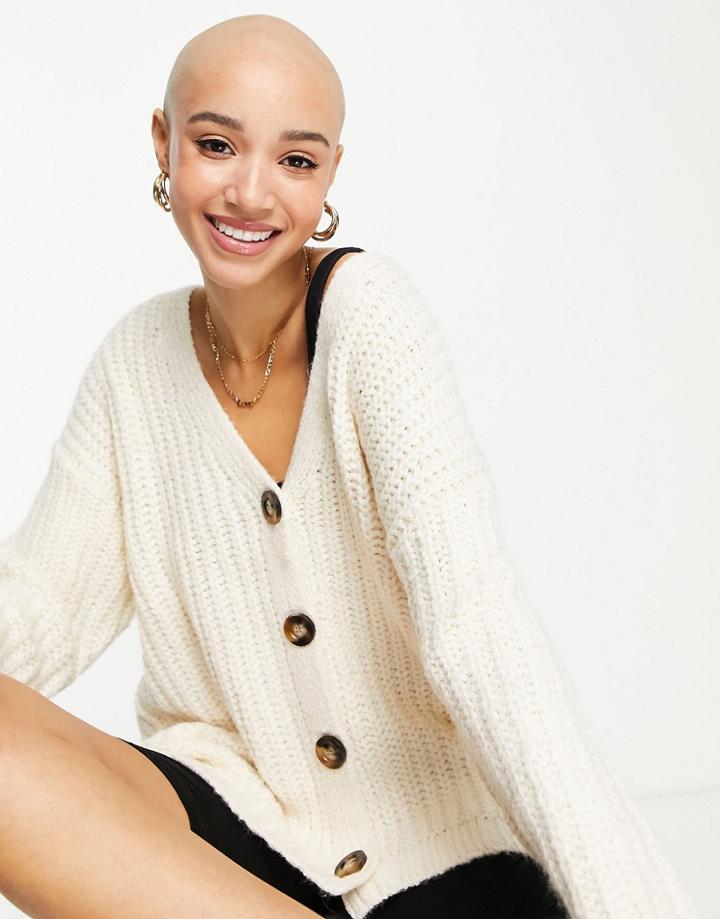 Asos Design Longline Cardi In Chunky Rib Stitch In Cream-white