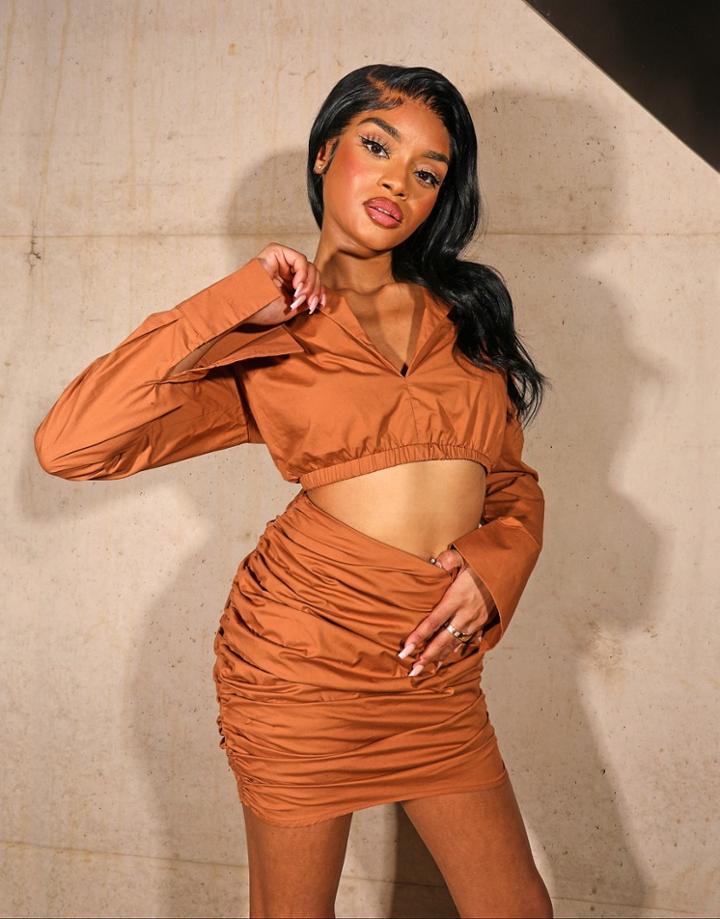 Public Desire X Kenza Cropped Shirt In Mocha - Part Of A Set-brown