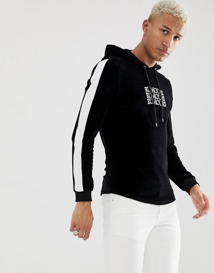 Asos Design Muscle Velour Hoodie With Text Slogan Print And Side Stripes - Black
