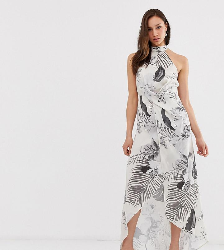 Asos Design Tall High Neck Satin Twill Maxi Dress In Tonal Palm Print - Multi