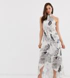 Asos Design Tall High Neck Satin Twill Maxi Dress In Tonal Palm Print - Multi