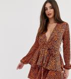 John Zack Tall Plunge Front Skater Dress In Contrast Leopard-multi
