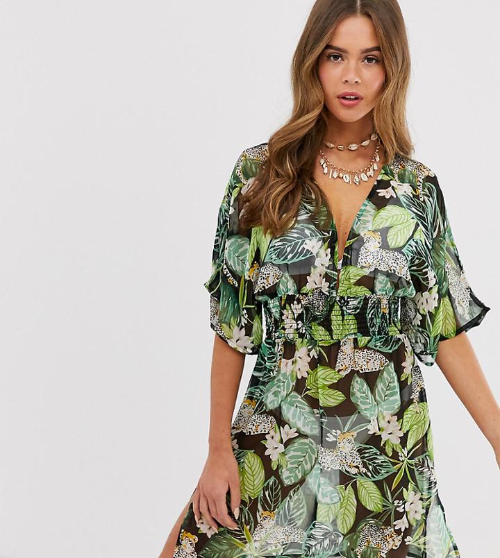 Influence Tropical Animal V Neck Beach Dress-green
