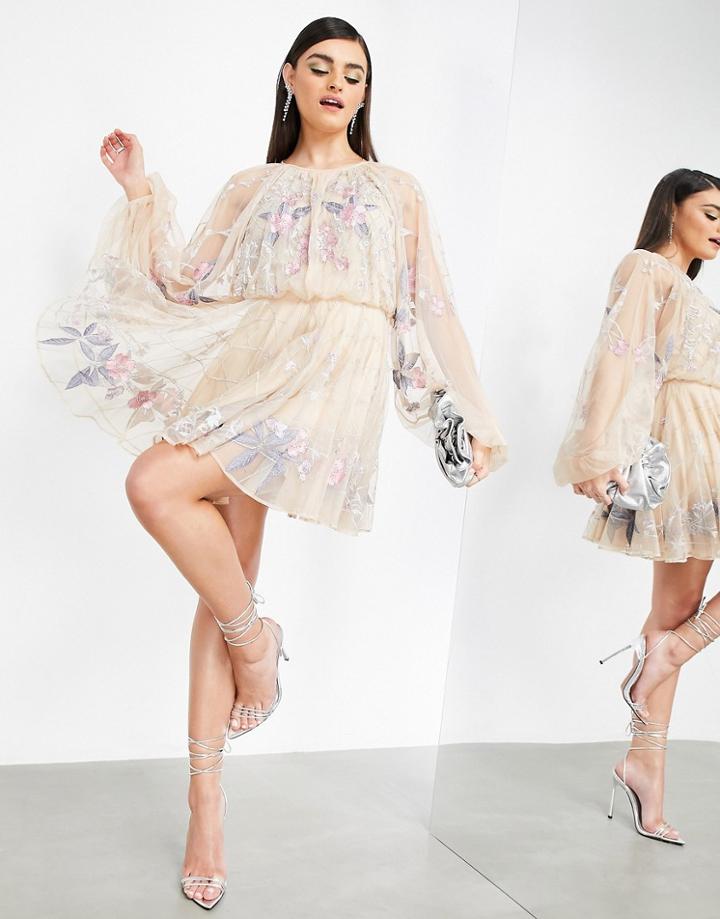 Asos Edition Floral And Leaf Embroidered Mesh Mini Dress-pink