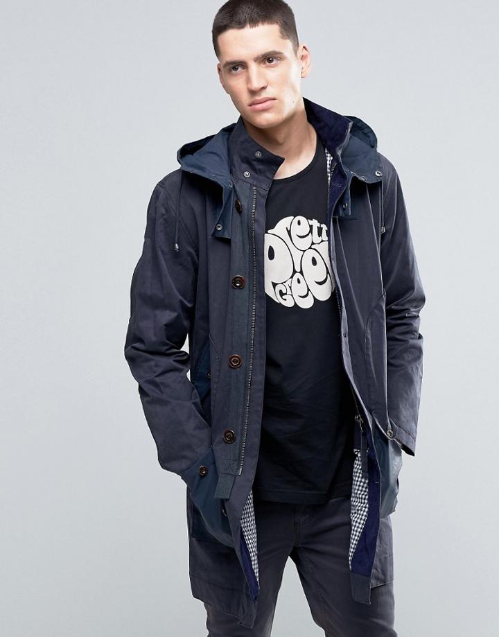 Pretty Green Parka In Waxed Cotton With Two Tone Details Detachable Ho