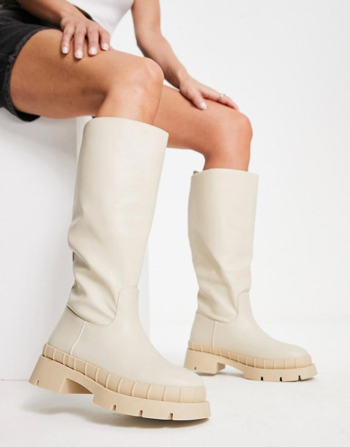 Raid Challenge Chunky Flat Knee Boots In Ecru-white