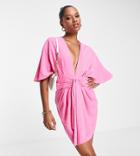 Asos Design Petite Batwing Tie Front Linen Mini Dress In Pink