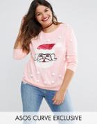 Asos Curve Sequin Santa Holidays Sweater With Pom Poms - Pink