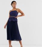 Asos Design Petite Broderie Cami Midi Dress With Pleated Skirt-navy