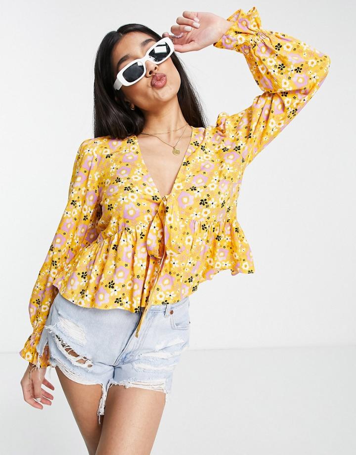 Asos Design Long Sleeve Tie Front Shirred Cuff In Orange