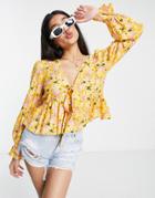 Asos Design Long Sleeve Tie Front Shirred Cuff In Orange