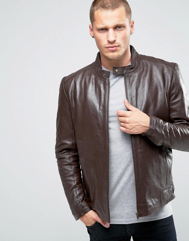 Asos Leather Biker Jacket In Brown - Brown
