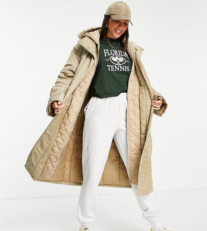 Asos Design Tall Quilted Double Layer Parka Coat In Stone-green