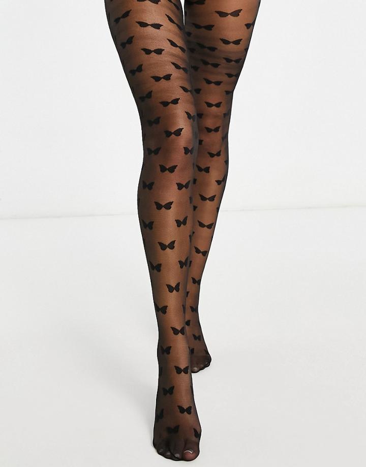 Skinnydip Pantyhose In Black With Butterfly Print