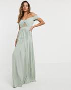 Asos Design Premium Lace And Pleat Bardot Maxi Dress In Sage-neutral