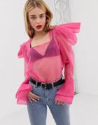 Asos Design Long Sleeve Organza Blouse With Puff Sleeves - Pink