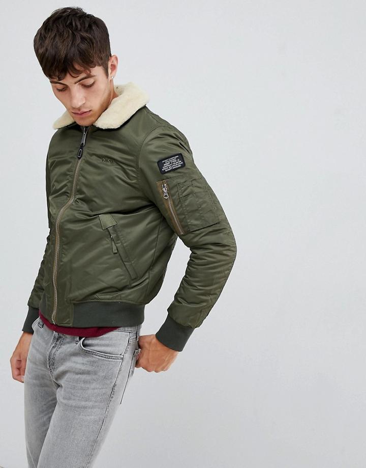 Schott Pilote Nylon Bomber Jacket Detachable Faux Fur Collar Slim Fit In Green/beige - Green