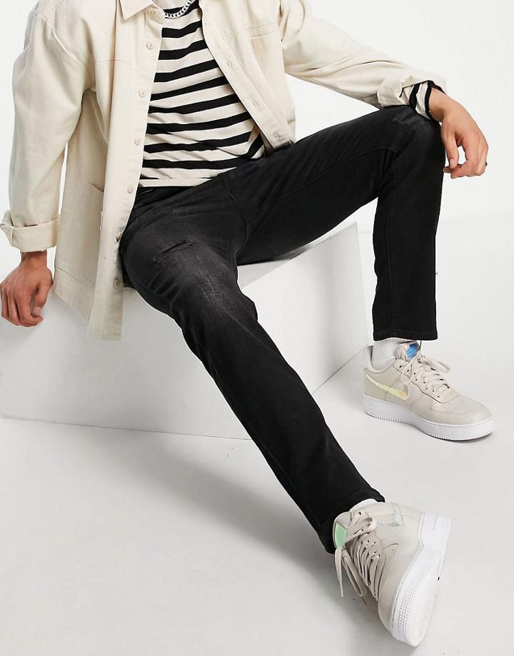 Jack & Jones Intelligence Tim Slim Straight Leg Jeans With Abrasions In Black
