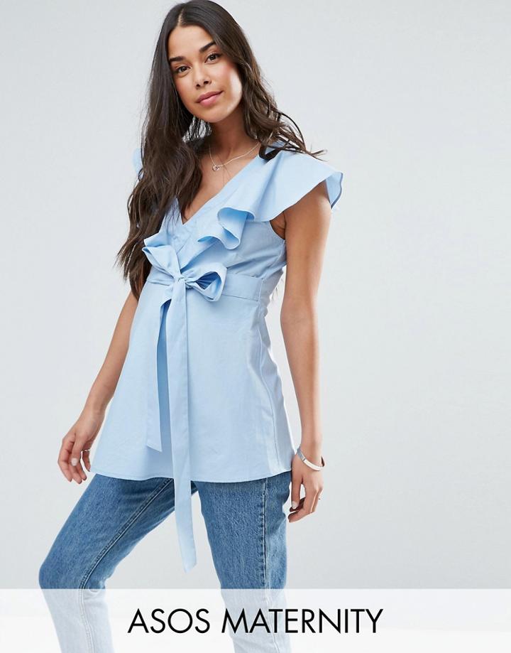 Asos Maternity Cotton Blouse With Ruffle Front & Tie Waist - Blue