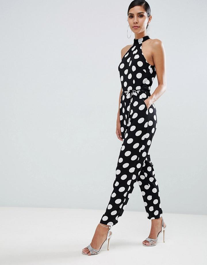 Ax Paris Racer Neck Tailored Polka Dot Jumpsuit - Black