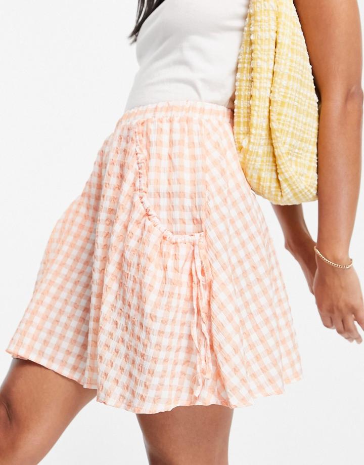 Asos Design Flippy Mini Skirt With Ruched Pocket In Peach Gingham Print-multi