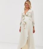 Hope & Ivy Maternity Wrap Front High Low Embroidered Maxi Dress In Cream-pink