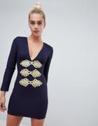 Rare London Braid Trim Bodycon Dress-navy