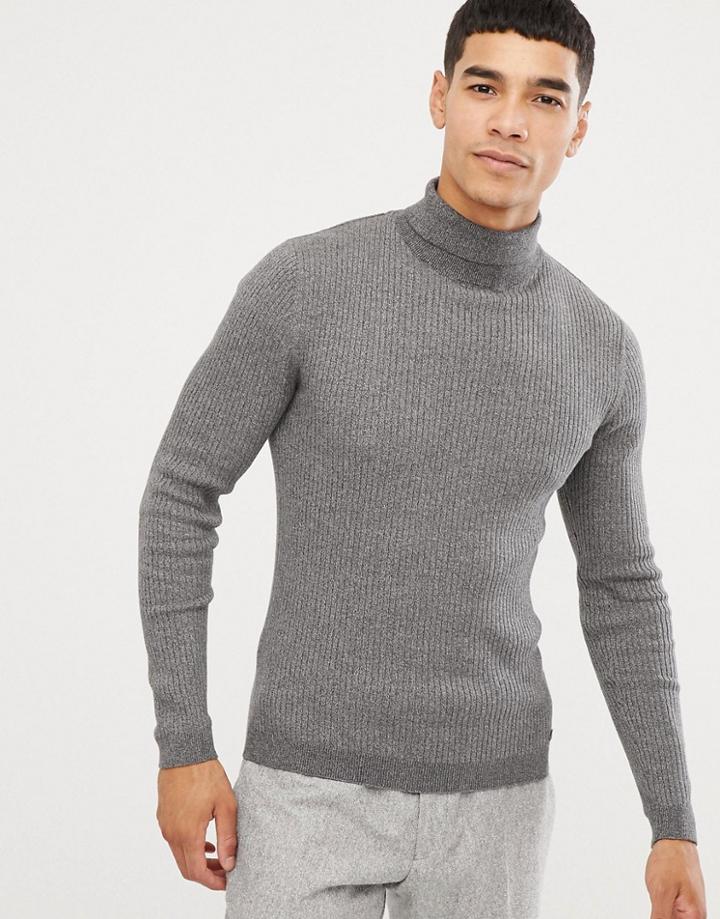 Esprit Rib Knit Muscle Fit Roll Neck Sweater In Gray - Gray