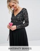 Maya Maternity Plunge Front Long Sleeve Maxi Dress In Tonal Delicate Sequin And Tulle Skirt - Black