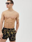 Asos Design Swim Shorts With Baroque Print In Short Length - Black