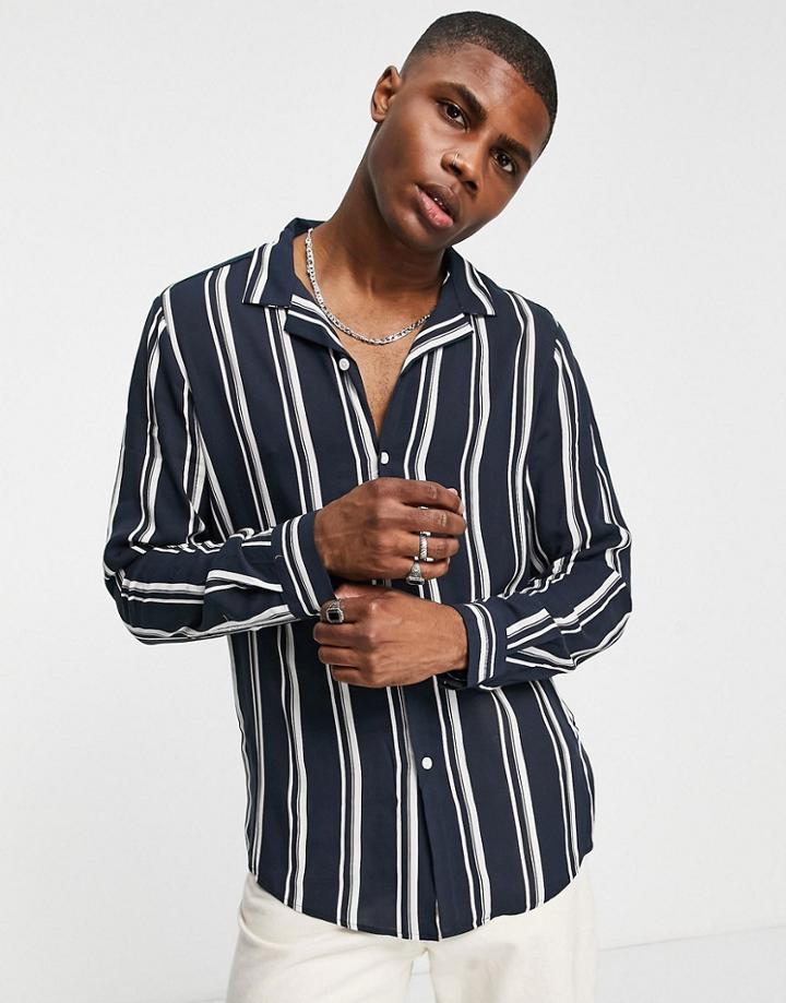 Asos Design Revere Shirt In Navy Stripe
