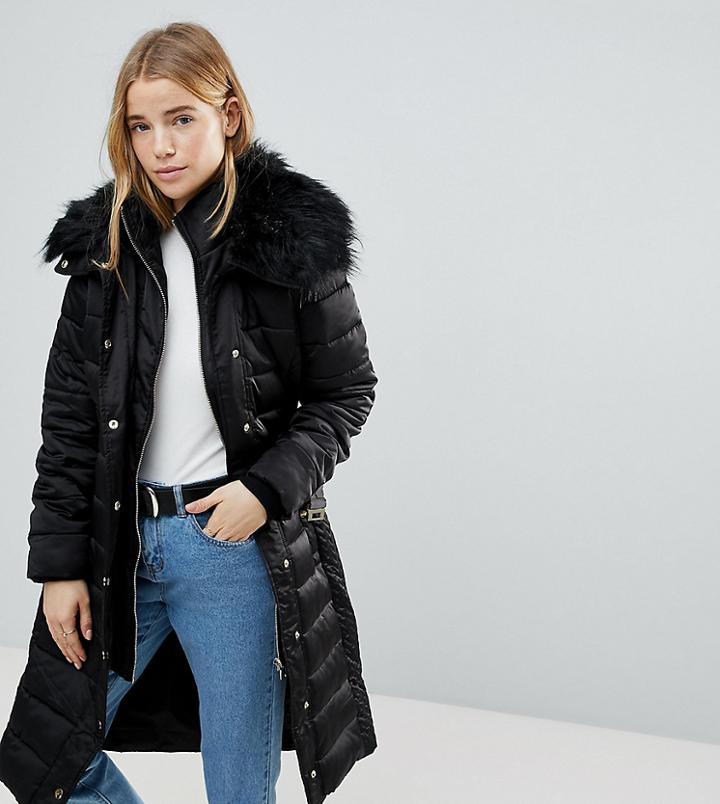 Miss Selfridge Faux Fur Collar Longline Padded Coat-black