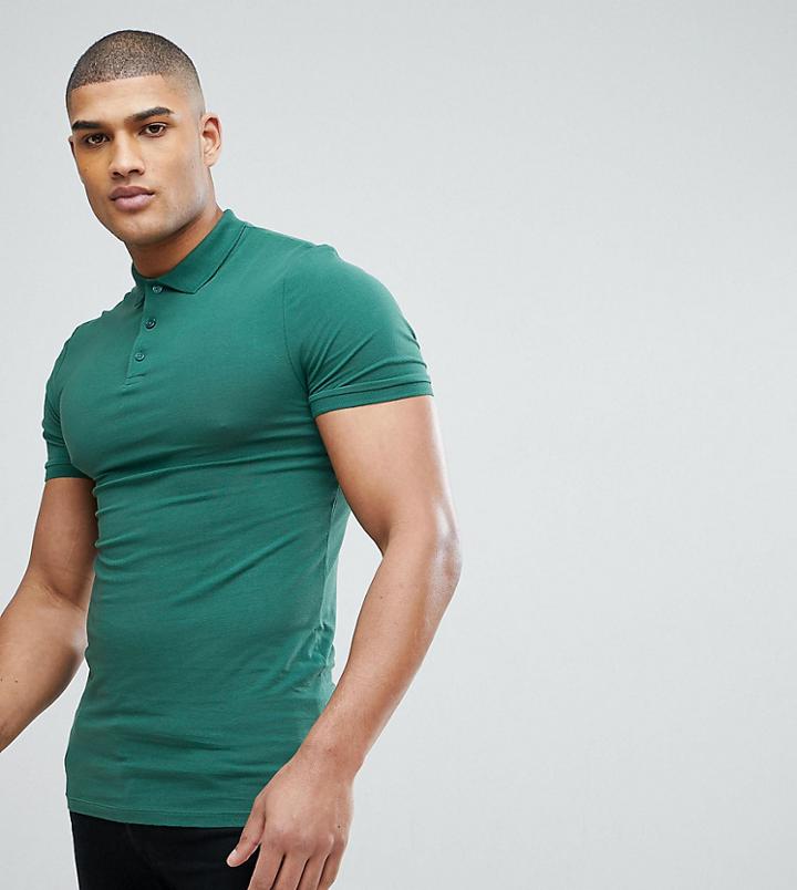 Asos Tall Muscle Fit Jersey Polo In Green - Green
