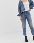 Cheap Monday Cropped Mom Jeans In Rigid Denim With Destroyed Pocket - Blue