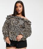 River Island Plus Shirred Waist Bardot Blouse In Animal Print-brown